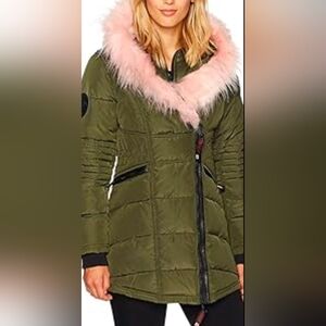 Canada Weather Gear Women's Olive Color Zipped Puffer Coat, Pink Faux Fur Sz.M